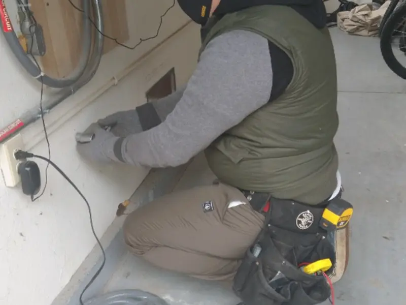 Electrician performing outlet wiring in a Bonadelle Ranchos garage